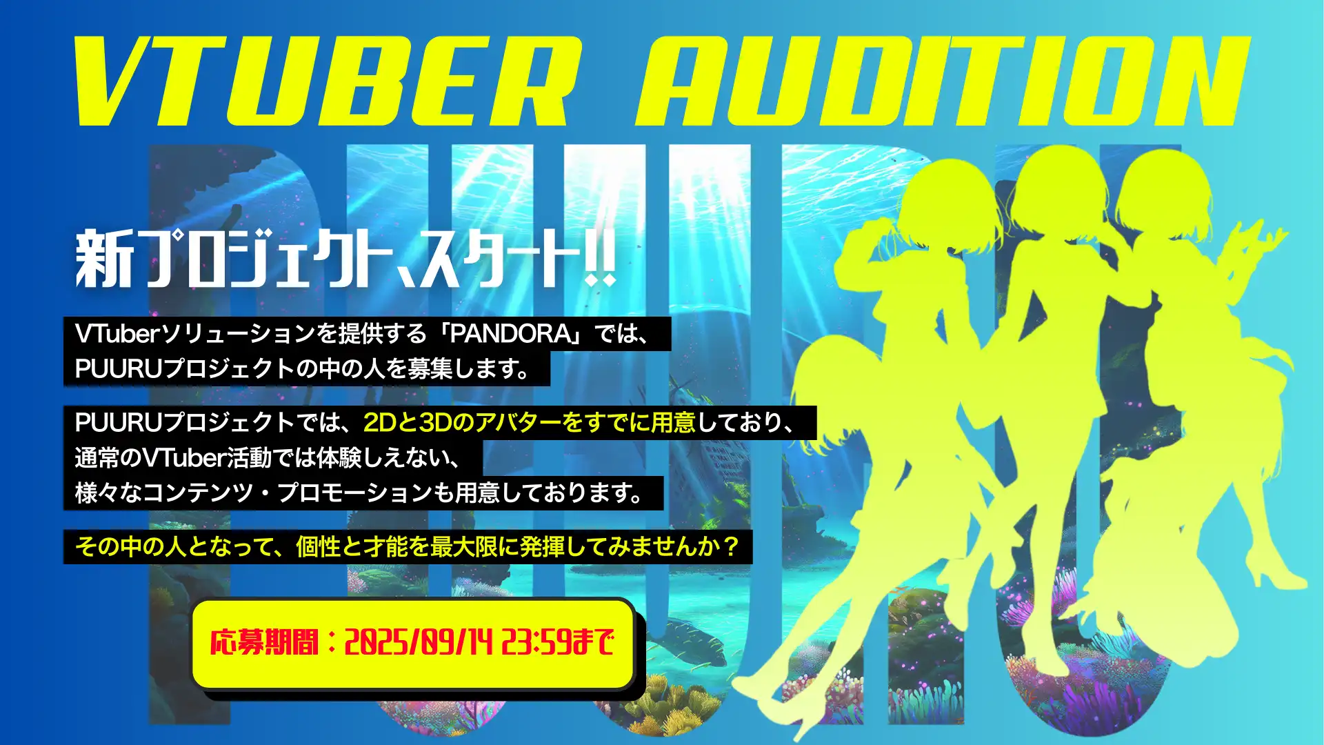 株式会社PANDORAが次世代VTuber発掘「PUURUプロジェクト」キャストオーディションを9月14日まで開催、XR技術でバーチャルとリアルの境界を超える新時代エンターテインメント創出