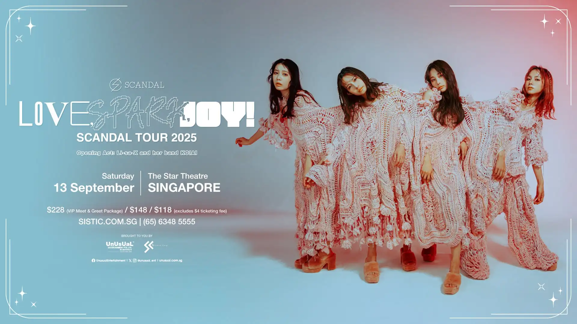 SCANDALが2025年9月13日にシンガポールThe Star Theatreで「Love, Spark, Joy!」ツアー公演を開催、Li-sa-XとKOIAI及びNEMOPHILAのHazukiがサポートアクトとして出演
