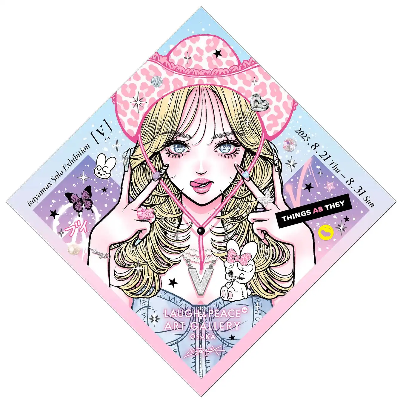 isayamaxがエルフ荒川をモチーフにした個展「V」を大阪のLAUGH & PEACE ART GALLERYで開催、ギャルマインドをテーマにした現代アート作品を展示販売
