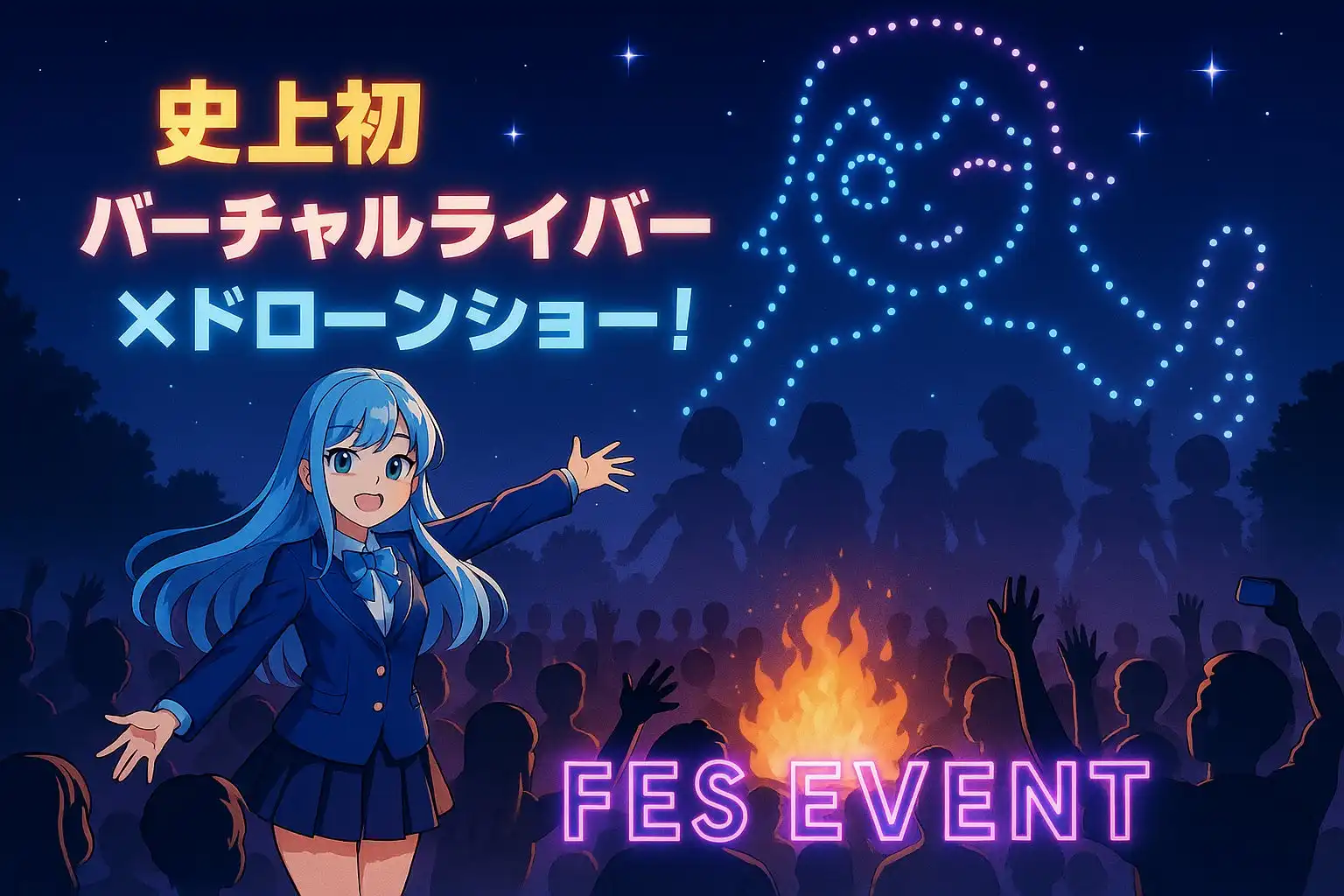 株式会社TOEが「Vポチッ！」ローンチ記念で国内初のVライバー×ドローンショーを8月11日に成田の森カントリークラブで開催、約300機のLEDドローンによる未来のエンタメ体験を提供