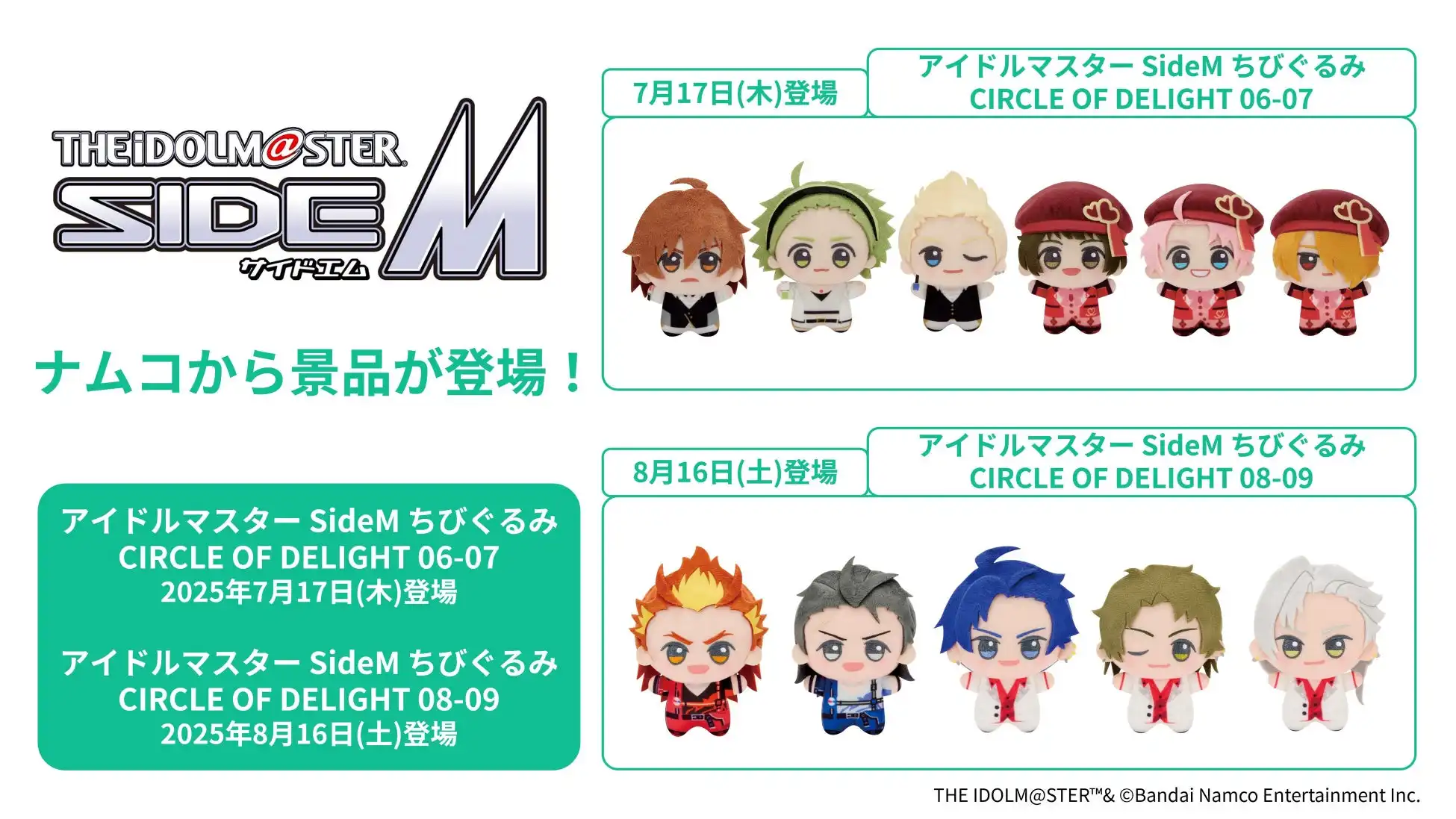 バンダイナムコエクスペリエンスがアイドルマスター SideMちびぐるみ景品2シリーズをナムコで順次展開、JupiterとF-LAGSが7月17日から神速一魂とTHE虎牙道が8月16日から登場